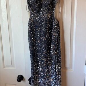 Camille La Vie Silver Sequin Prom Dress